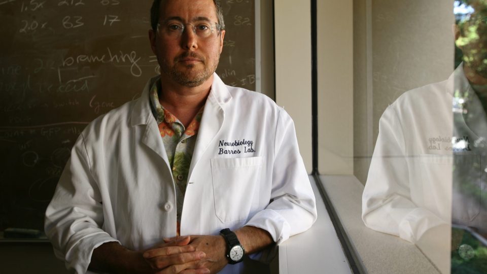 Stanford professor Ben Barres stands in his office on the Stanford campus in Palo Alto, Calif. on Tuesday July 11, 2006. Barres is using his experiences as a transgendered scientist to try and debunk Larry Summers' famous speech about women in science. (Photo by Jakub Mosur/For Boston Globe)